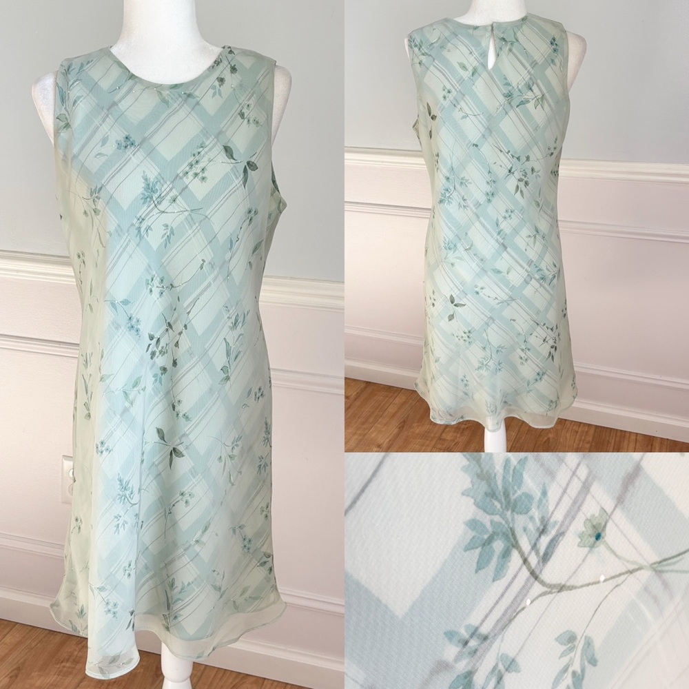 Jessica Howard Petite Vintage 90s Blue and Green Floral Gingham Dress Size Large